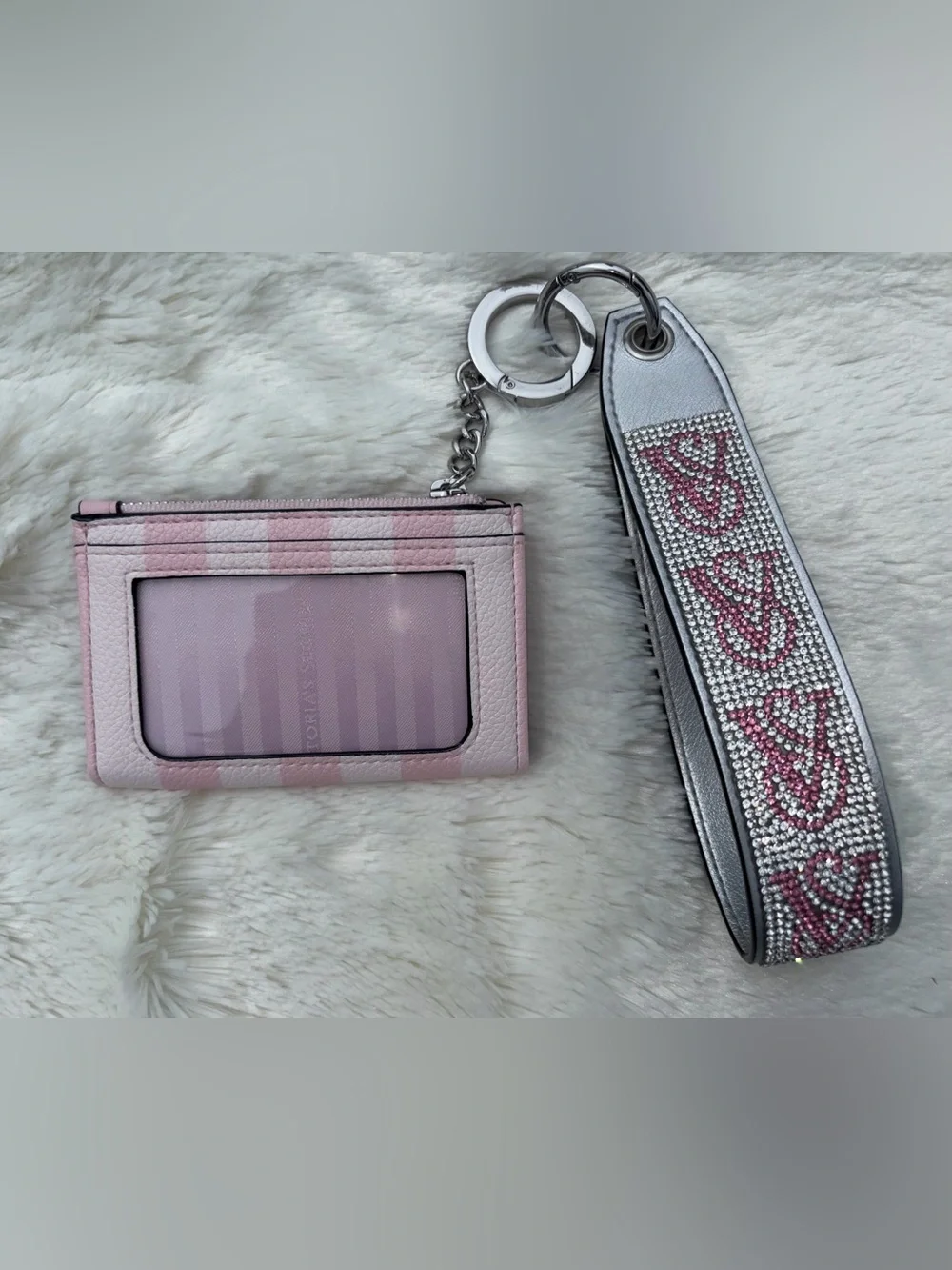 Victoria's Secret Pink & White Stripe Wallet + Rhinestone Wristlet Strap